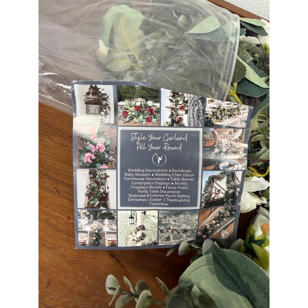 WildIvory Eucalyptus Garland with White Roses Artificial Greenery Wedding Decor